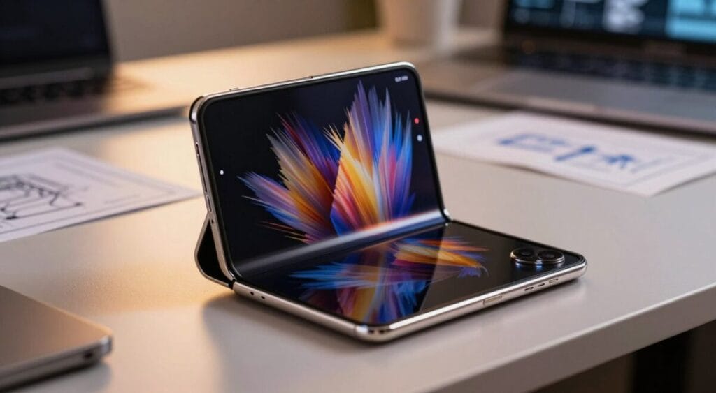 A close-up view of a state-of-the-art Samsung foldable smartphone, elegantly displayed with its screen open to showcase a vibrant, interactive interface. The phone is positioned on a sleek, modern desk, surrounded by soft reflections of ambient light to highlight its curved design and advanced features. In the background, a blurred tech-inspired setting reveals subtle hints of innovation, like blueprints and gadgets, without distracting from the main subject. The lighting is warm and inviting, creating an atmosphere of cutting-edge technology and sophistication. Capture the angle slightly above the phone to emphasize its dynamic folding mechanism and the sleek materials used in its construction, conveying the mood of excitement and modernity. A close-up view of a state-of-the-art Samsung foldable smartphone, elegantly displayed with its screen open to showcase a vibrant, interactive interface. The phone is positioned on a sleek, modern desk, surrounded by soft reflections of ambient light to highlight its curved design and advanced features. In the background, a blurred tech-inspired setting reveals subtle hints of innovation, like blueprints and gadgets, without distracting from the main subject. The lighting is warm and inviting, creating an atmosphere of cutting-edge technology and sophistication. Capture the angle slightly above the phone to emphasize its dynamic folding mechanism and the sleek materials used in its construction, conveying the mood of excitement and modernity.