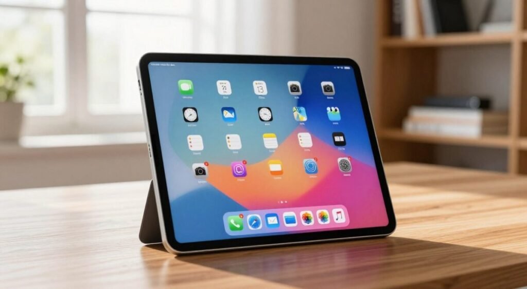 A close-up view of an iPad showcasing its sleek design and vibrant display, positioned on a modern wooden desk. The iPad is slightly angled to highlight its thin profile and elegant bezels, with the screen lit up, showcasing a vivid home screen with colorful app icons. Soft, natural daylight filters through a nearby window, creating gentle reflections on the screen and illuminating the surroundings. In the background, a blurred bookshelf filled with tech gadgets and books adds context to the scene. The mood is fresh and innovative, capturing the essence of the latest iPad design. No people are present in the scene to maintain focus on the device.