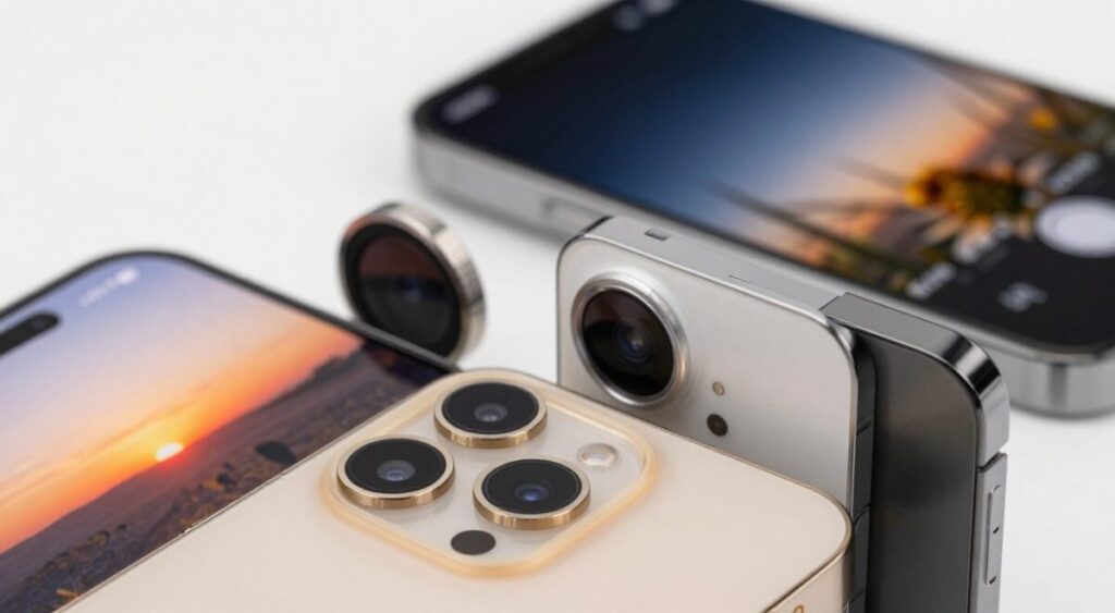 A close-up view of modern smartphone cameras, showcasing their lenses and intricate details, set against a sleek, minimalistic background. The foreground features a vibrant, high-resolution smartphone with multiple camera lenses, highlighting their quality and texture. In the middle ground, soft-focused images of photography settings, such as a stunning sunset and a detailed close-up of a flower, appear, illustrating the camera’s capabilities in diverse lighting conditions. The background is subtly blurred, emphasizing the crisp details of the smartphone. The lighting is bright yet diffused, capturing the essence of professionalism and innovation in smartphone photography. The overall mood is modern and tech-savvy, inviting readers to explore the evolution of mobile camera quality.