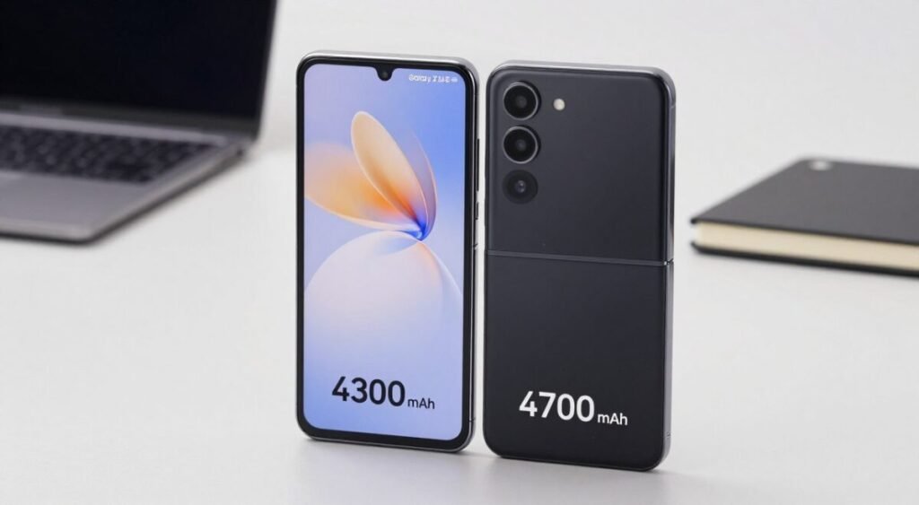 A close-up view of two smartphone batteries side by side, showcasing the Motorola Razr and Samsung Galaxy Z Flip. The foreground features a sleek, modern design of the batteries, with prominent numbers showing "4300 mAh" for Motorola and "4700 mAh" for Samsung. In the middle, a soft-focus display highlights the smartphones, emphasizing their foldable screens and innovative designs. The background is a softly lit workspace, with minimalistic tech elements like a laptop and notebook, conveying a professional atmosphere. Use soft diffused lighting to create a modern and clean look, capturing the essence of tech elegance. The angle should be slightly above the batteries, creating depth and focus on the specifications, with a subtle gradient for a sophisticated backdrop.