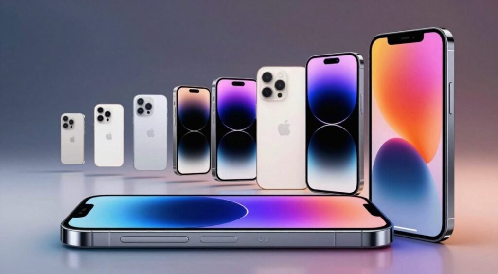 A creative illustration showcasing the evolution of the iPhone's touch screen and camera technology. In the foreground, a sleek, modern iPhone is depicted, featuring a vibrant touch display and a sophisticated camera lens. The middle layer shows a timeline of iPhones from the first model to the latest, presented as floating devices with a transparent background. Each device is beautifully highlighted, reflecting their unique designs and advancements in camera and touch technology. The background features a subtle gradient to create depth, giving a sense of innovation and progress, illuminated by soft, ambient lighting that enhances the devices. The overall mood is one of excitement and advancement, emphasizing how Apple has shaped smartphone expectations through its iconic devices.