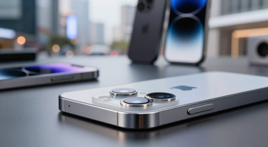 A detailed close-up view of the rear cameras of the iPhone 16 and 17 on a sleek, reflective surface. The foreground displays the lenses prominently, showcasing the triple-camera setup with a focus on the large wide-angle lens. Surrounding the phone, gentle light reflections create a sense of depth and clarity, highlighting the camera details like the glass and lens coating. In the middle ground, soft-focus elements such as smartphone accessories and background technology-themed items can be found, creating a modern tech atmosphere. The background is a blurred urban setting with soft bokeh lights, enhancing the innovative feel of the image. The overall mood is sleek and professional, emphasizing advanced photography capabilities with an air of excitement about innovation in mobile technology.