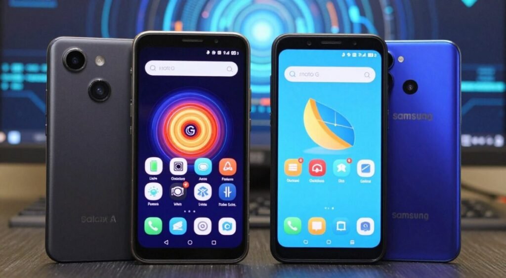 A detailed comparative analysis image featuring two smartphones side by side: a Moto G and a Samsung Galaxy A. In the foreground, each phone is displaying their respective user interfaces, showcasing distinct app arrangements and colorful icons. The middle layer includes icons of key specifications such as battery life, camera quality, and processing power, visually highlighted with vibrant graphics. In the background, a soft-focus tech-inspired backdrop featuring circuit patterns and abstract designs enhances the tech ambiance. The lighting is bright and balanced, emphasizing the sleek devices with a touch of modern elegance. The atmosphere is professional and analytical, suitable for a tech review context, with an emphasis on clarity and visual appeal.