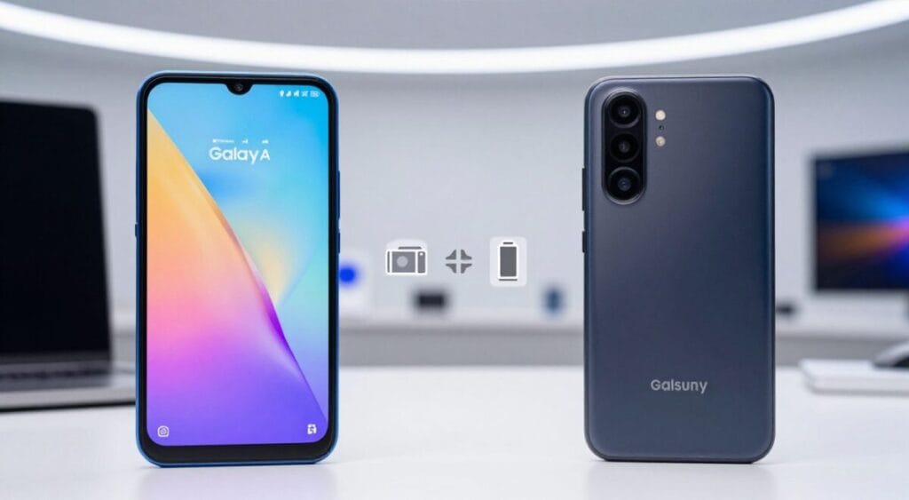 A detailed comparison image of the Samsung Galaxy A and M lines. In the foreground, feature two smartphones side by side: the Galaxy A on the left, showcasing its sleek design and vibrant color options, and the Galaxy M on the right, emphasizing its sturdy build and practical features. In the middle, include subtle visual distinctions, such as icons representing their unique selling points—like camera quality and battery life—floating around them. In the background, a sleek, modern tech-themed environment under soft, diffused lighting to create an informative yet inviting atmosphere. Use a shallow depth of field to ensure the phones remain the focal point. Capture the essence of choice and technology in a clean, professional aesthetic.