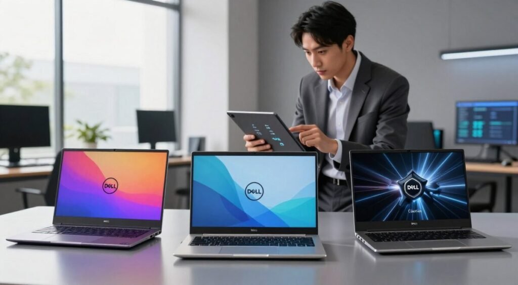 A detailed comparison of Dell Inspiron models, portrayed in a modern, tech-savvy environment. In the foreground, three distinct Dell laptops—Inspiron, XPS, and G Series—are showcased side by side on a sleek, reflective surface. The Inspiron is in a vibrant color, the XPS is ultra-slim and stylish, while the G Series appears robust and gaming-focused. In the middle, softly lit, you can see a tech-savvy individual analyzing specs on a tablet, dressed in professional business attire, leaning slightly towards the laptops. The background features a blurred modern workspace with hints of technology, like monitors and digital tools, subtly illuminated by natural light coming from a large window, creating a professional yet dynamic atmosphere. The overall mood is one of innovation and comparison, highlighting both functionality and design.