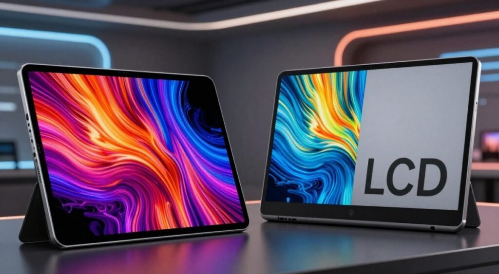 A dynamic image showcasing the battle between an AMOLED screen tablet and an LCD screen tablet, positioned prominently in the foreground. The AMOLED tablet is displaying vibrant colors and deep blacks, with rich, saturated visuals that pop. Meanwhile, the LCD tablet offers a more muted but reliable color representation. In the middle ground, contrasting screen qualities are highlighted, with visual comparisons of brightness and color depth showcased in a split-screen format. The background features a modern, tech-inspired environment with soft, diffused lighting that accentuates the screen details. A cinematic angle captures the nuanced differences in screen performance, creating a lively atmosphere that emphasizes the technological rivalry. The overall mood is competitive and informative, drawing attention to the strengths of both display technologies.