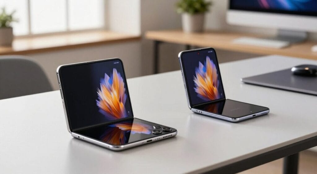 A dynamic, side-by-side comparison of the Huawei Mate and Samsung Galaxy foldable phones on a sleek, modern table. In the foreground, the devices are prominently displayed, showing their unique designs and features with the screens slightly lit up to highlight the vibrant interfaces. The middle ground features a subtle blur of high-tech gadgets, emphasizing their advanced functionality. In the background, a stylish workspace with contemporary decor reflects a tech-savvy lifestyle, with soft natural light streaming in from a window. The atmosphere is professional and inviting, suggesting innovation and competition in the smartphone market. Angle the shot slightly from above to capture both devices clearly, with a focus on clarity and detail. A dynamic, side-by-side comparison of the Huawei Mate and Samsung Galaxy foldable phones on a sleek, modern table. In the foreground, the devices are prominently displayed, showing their unique designs and features with the screens slightly lit up to highlight the vibrant interfaces. The middle ground features a subtle blur of high-tech gadgets, emphasizing their advanced functionality. In the background, a stylish workspace with contemporary decor reflects a tech-savvy lifestyle, with soft natural light streaming in from a window. The atmosphere is professional and inviting, suggesting innovation and competition in the smartphone market. Angle the shot slightly from above to capture both devices clearly, with a focus on clarity and detail.