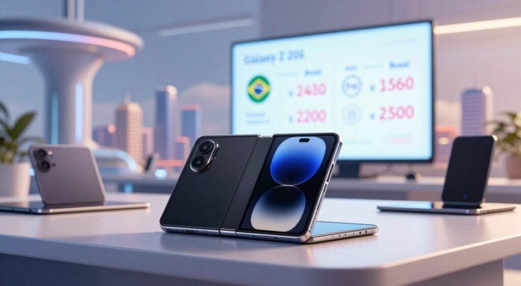 A futuristic concept of the Galaxy Z Fold7 smartphone displayed prominently in the foreground, showcasing its sleek and innovative design with a large, flexible screen elegantly opened. The device rests on a stylish, modern desk among technology gadgets, hinting at a futuristic workspace. In the middle ground, a bright digital screen exhibits price tags and availability icons for Brazil, emphasizing a high-tech shopping environment. The background features a blurred cityscape with futuristic architecture, soft ambient lighting to create a hopeful and vibrant atmosphere, while lens flare effects add a touch of sophistication. The mood is exciting and forward-looking, reflecting the anticipation for the product launch in 2026. A futuristic concept of the Galaxy Z Fold7 smartphone displayed prominently in the foreground, showcasing its sleek and innovative design with a large, flexible screen elegantly opened. The device rests on a stylish, modern desk among technology gadgets, hinting at a futuristic workspace. In the middle ground, a bright digital screen exhibits price tags and availability icons for Brazil, emphasizing a high-tech shopping environment. The background features a blurred cityscape with futuristic architecture, soft ambient lighting to create a hopeful and vibrant atmosphere, while lens flare effects add a touch of sophistication. The mood is exciting and forward-looking, reflecting the anticipation for the product launch in 2026.
