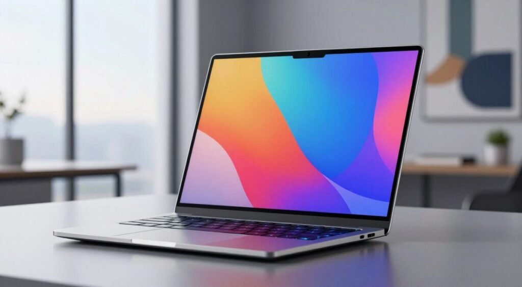 A futuristic laptop sits prominently in the foreground, featuring a cutting-edge display with vibrant colors and a high-resolution webcam embedded seamlessly above the screen. The laptop’s sleek, metallic design reflects modern aesthetics, with thin bezels and an illuminated keyboard glowing softly. In the middle ground, a subtle hint of a modern office setting is visible, with blurred outlines of a minimalist desk and abstract art on the walls. The background holds a large window letting in soft, natural light, creating a serene atmosphere. The scene conveys innovation and sophistication, representing the latest in screen and webcam technology for laptops of 2026. Showcase details like precise reflections on the display and a focus on the webcam’s design to emphasize functionality and style. The overall mood is professional and inspiring, highlighting advancements in notebook technology.