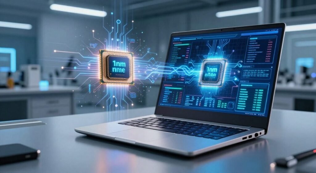 A futuristic scene showcasing a powerful 1nm processor in an ultra-thin laptop, placed prominently in the foreground. The laptop, with a sleek metallic finish, is open, displaying a vibrant, high-resolution screen filled with complex data visualizations and performance metrics. In the middle ground, an abstract representation of microchips and circuits radiates energy, signifying the revolutionary performance of the 1nm technology. The background features a high-tech laboratory or workspace, subtly illuminated with cool blue and white lighting, conveying a sense of innovation and advancement. The atmosphere is dynamic and inspiring, suggesting a leap into the future of computing. Use a slightly elevated angle to capture the laptop and components, enhancing the sense of depth and technological sophistication.