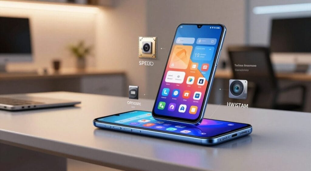 A futuristic smartphone on a sleek, modern desk setting, showcasing its technical performance specifications and display features. In the foreground, the smartphone displays a vibrant, high-resolution screen filled with various icons and widgets, emphasizing its cutting-edge technology. In the middle ground, technical specifications such as processor speed, RAM, and camera details are artistically integrated around the device, creating a visually engaging composition. The background features a soft-focus, contemporary office environment with a warm glow from ambient lighting, evoking a professional and innovative atmosphere. The camera angle is slightly tilted to highlight the phone's sleek design, and the mood is sophisticated yet inspiring, reflecting the advanced capabilities of the Motorola Edge series.