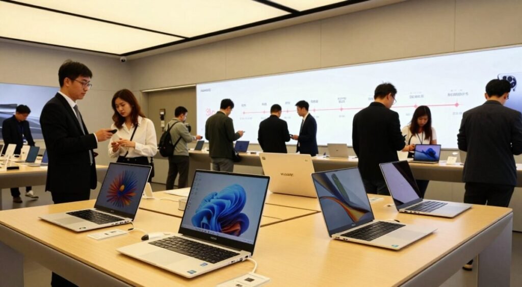 A futuristic tech marketplace showcasing the evolution of Huawei notebooks from past to present. In the foreground, display several models of Huawei notebooks, highlighting sleek designs and innovative features. The middle ground should feature customers of diverse backgrounds engaging with the devices, adorned in professional business attire. The background presents a modern tech store with digital displays illustrating the timeline of notebook evolution, complemented by soft, ambient lighting to create a warm atmosphere. Use a low angle to emphasize the notebooks and a wide lens to capture the bustling environment. The mood is dynamic yet inviting, suggesting a thriving future in technology.