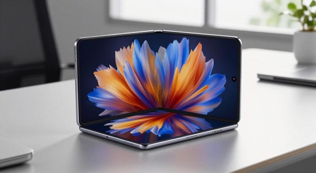 A high-resolution image showcasing the elegant Huawei foldable tablet with an impressive 18-inch OLED display. The tablet is open, displaying vibrant and immersive colors that highlight its cutting-edge technology. Positioned on a sleek, modern desk in a well-lit office environment, the tablet is the focal point, surrounded by minimalistic office supplies. Soft, natural light filters through a nearby window, creating subtle reflections on the tablet's screen, enhancing its glossy finish. The angle of the shot is slightly above the tablet, capturing both the screen and the sleek design while keeping the background slightly blurred for depth. The mood is professional and modern, emphasizing innovation and the premium quality of the product.