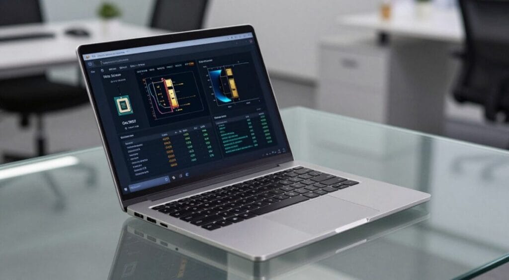 A high-tech laptop showcasing its technical specifications, placed on a sleek glass desk. In the foreground, focus on the open laptop screen displaying detailed hardware specifications like processor type, RAM, storage, and graphics card information. The middle layer features the laptop itself, with a modern design, illuminated keyboard, and a premium finish, highlighting its sleekness and portability. The background consists of a subtle out-of-focus office environment, with soft lighting that enhances the sophisticated feel. Use a professional angle, capturing the laptop from a slight above perspective, emphasizing its elegance and functionality. The overall mood is modern and high-tech, perfect for a business or tech-oriented atmosphere. A high-tech laptop showcasing its technical specifications, placed on a sleek glass desk. In the foreground, focus on the open laptop screen displaying detailed hardware specifications like processor type, RAM, storage, and graphics card information. The middle layer features the laptop itself, with a modern design, illuminated keyboard, and a premium finish, highlighting its sleekness and portability. The background consists of a subtle out-of-focus office environment, with soft lighting that enhances the sophisticated feel. Use a professional angle, capturing the laptop from a slight above perspective, emphasizing its elegance and functionality. The overall mood is modern and high-tech, perfect for a business or tech-oriented atmosphere.