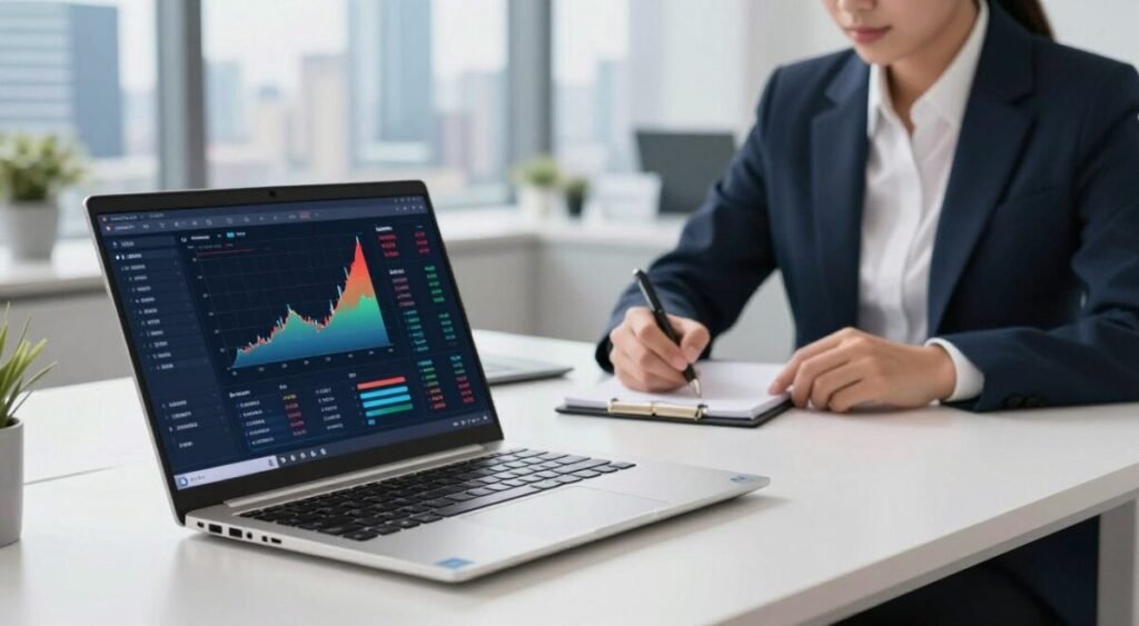 A high-tech, modern workspace showcasing the specifications and performance of the Lenovo IdeaPad line. In the foreground, a sleek, open Lenovo IdeaPad laptop with its screen displaying a detailed performance chart, vibrant graphs, and technical specifications highlighted. In the middle ground, a stylish office desk with a professional, focused individual, dressed in business attire, taking notes on a notepad. The background features a futuristic city skyline with soft focus to emphasize a sense of innovation and technology. The lighting is bright and evenly distributed, creating a clean and inspiring atmosphere. Use a focal length that emphasizes the laptop details while keeping the surrounding elements subtly blurred. The overall mood reflects professionalism and cutting-edge technology.