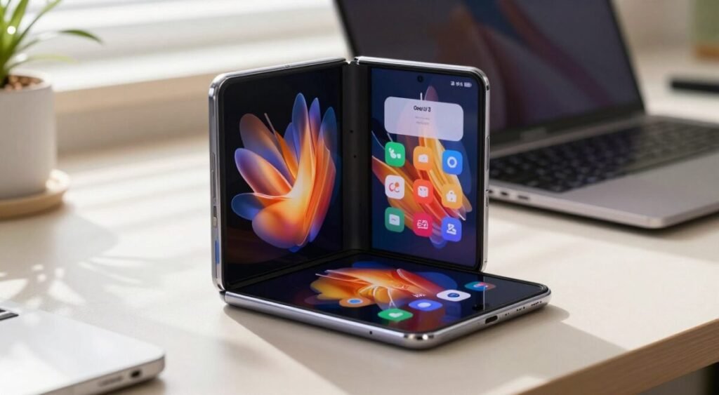 A modern Samsung Galaxy Z Fold7 is prominently displayed in the foreground, showcasing its sleek design and vibrant One UI 8 interface on the inner screen, which features colorful app icons and fluid animations. The device is positioned on a stylish desk adorned with tech gadgets and a soft-focus laptop in the background. Natural light streams in through a nearby window, casting soft shadows that enhance the device’s contours, creating a warm and inviting atmosphere. The overall mood is innovative and dynamic, reflecting cutting-edge technology. The angle is slightly elevated, drawing attention to the unfolded screen while maintaining a balanced composition that highlights the future of foldable smartphones. A modern Samsung Galaxy Z Fold7 is prominently displayed in the foreground, showcasing its sleek design and vibrant One UI 8 interface on the inner screen, which features colorful app icons and fluid animations. The device is positioned on a stylish desk adorned with tech gadgets and a soft-focus laptop in the background. Natural light streams in through a nearby window, casting soft shadows that enhance the device’s contours, creating a warm and inviting atmosphere. The overall mood is innovative and dynamic, reflecting cutting-edge technology. The angle is slightly elevated, drawing attention to the unfolded screen while maintaining a balanced composition that highlights the future of foldable smartphones.