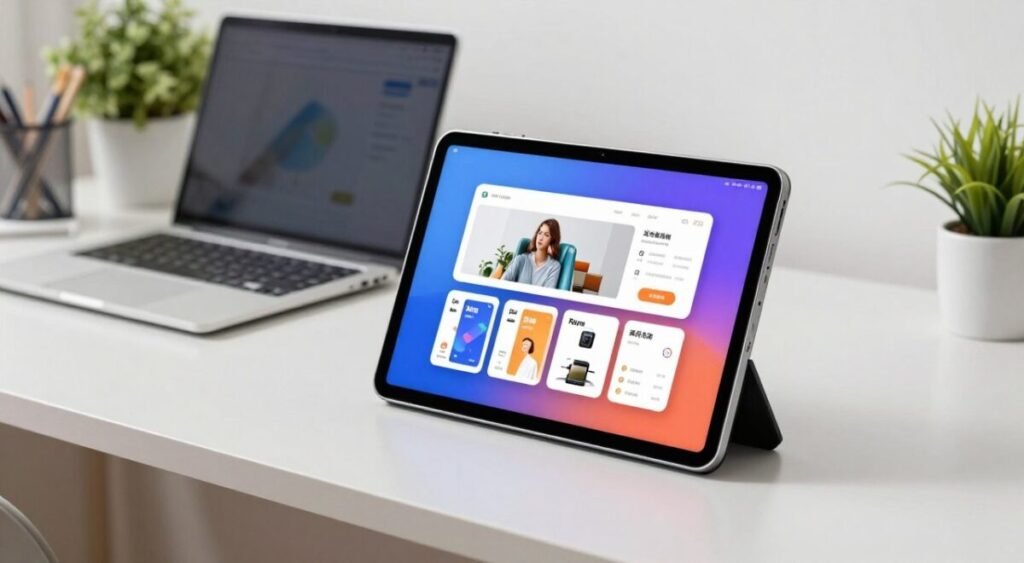 A modern, sleek Xiaomi Redmi Pad SE positioned prominently in the foreground, showcasing its elegant design and vibrant screen displaying a daily productivity app. The middle ground features an organized workspace with a minimalist desk, laptop, and stationery, evoking a sense of efficiency. Subtle greenery in the background, like potted plants, adds a touch of calm. Soft, diffused natural lighting creates an inviting atmosphere, highlighting the tablet's features and the workspace's details. The angle captures the device at eye-level to emphasize its usability for daily tasks, conveying a professional yet approachable mood. No human figures are present, focusing solely on the technology and workspace.