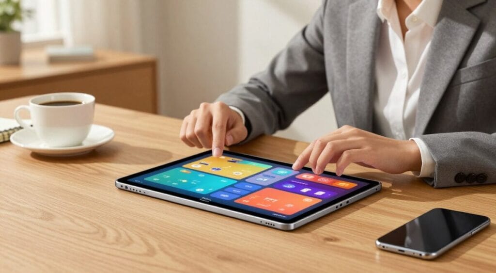 A modern, sleek Xiaomi Redmi Pad resting on a stylish wooden desk, surrounded by everyday items like a cup of coffee, a notebook, and a smartphone. In the foreground, feature a close-up of the tablet's screen displaying vibrant and engaging content. The middle ground shows a person in professional business attire, comfortably interacting with the tablet, their expression focused and engaged. The background reveals a cozy home office with soft natural lighting filtering through a window, creating a warm and inviting atmosphere. The lens perspective is slightly from above, emphasizing the practicality and ease of use of the tablet in daily life, while retaining a sense of professionalism. Overall, the mood is productive and modern, showcasing the Xiaomi Redmi Pad as an essential tool for efficient living.