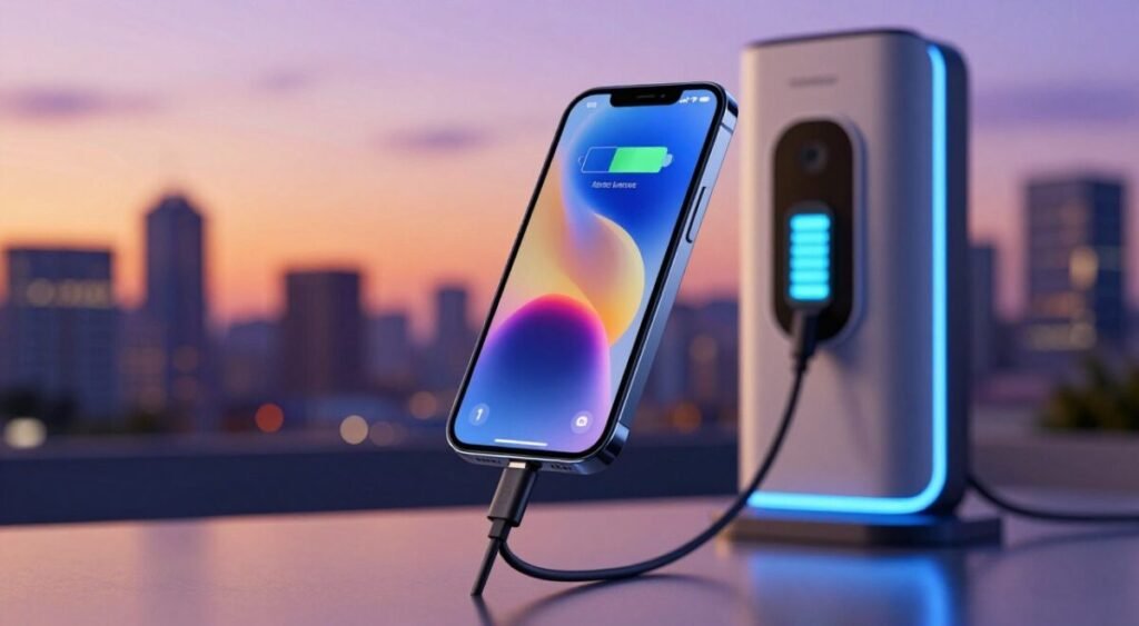 A modern, sleek smartphone being charged with a fast-charging cable, displayed prominently in the foreground. The device features a vibrant, dynamic interface showcasing battery status and speed indicators. In the middle ground, a stylish charging station with LED lights indicates the rapid charging process, glowing in a soft blue hue. The background features a blurred city skyline at dusk, casting warm tones of orange and purple, evoking a sense of modernity and technology. Soft, diffused lighting enhances the scene, creating a professional and polished look. The overall mood is energetic and innovative, reflecting the theme of advanced battery technology and efficiency in mobile devices.
