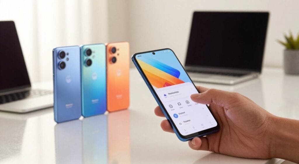 A modern smartphone display showcasing the latest Motorola models, highlighting their sleek designs and vibrant colors. In the foreground, a hand gently holds a smartphone, focusing on its screen which displays key specifications and affordability icons, suggesting cost-effectiveness. The middle layer includes several Motorola phones arranged aesthetically, each casting subtle reflections on a glossy surface. In the background, a soft-focused contemporary workspace features a stylish laptop, minimalistic decor, and soft natural lighting filtering through a window, creating a warm and inviting atmosphere. The composition should convey a sense of informed decision-making, appealing to tech-savvy consumers looking for budget-friendly options.