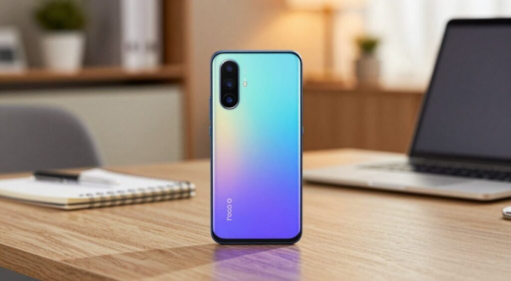 A modern smartphone from the Poco brand, showcasing its sleek design and vibrant color options, prominently displayed in the foreground on a textured surface like wood or marble. Focus on the smartphone’s glossy screen reflecting light, with its camera lenses gleaming. In the middle ground, include a blurred but recognizable office setting, with a stylish workspace featuring a laptop and a notepad to imply productivity and daily use. In the background, soft, warm ambient lighting creates a cozy atmosphere, hinting at a comfortable home or office environment. Capture the scene with a shallow depth of field to emphasize the smartphone, and use natural daylight to illuminate the setting, creating a professional yet inviting mood.