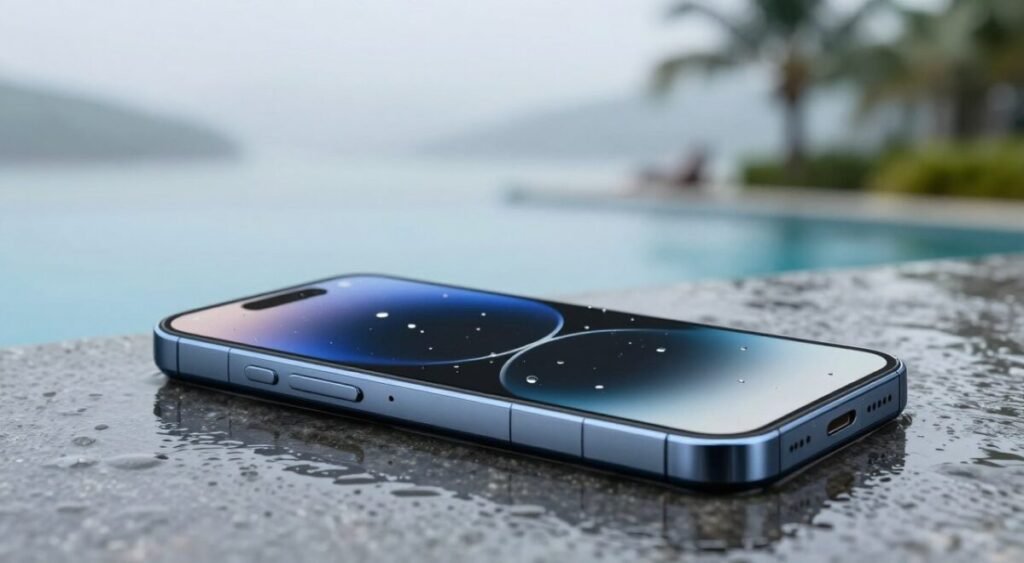 A modern smartphone with a sleek design placed on a wet surface, showcasing its water-resistant features. In the foreground, the phone is slightly tilted, capturing droplets of water on its screen, reflecting natural light. In the middle ground, a subtle background of misty waterfront scenery, hinting at everyday scenarios where water resistance is essential, like near a pool or on a rainy street. The lighting is soft and diffuse, creating a calm atmosphere that emphasizes reliability and durability. The image should evoke a sense of protection and confidence, highlighting the importance of water resistance in daily life. Natural color tones, focusing on blues and greens, enhance the fresh and dynamic feel of the scene.
