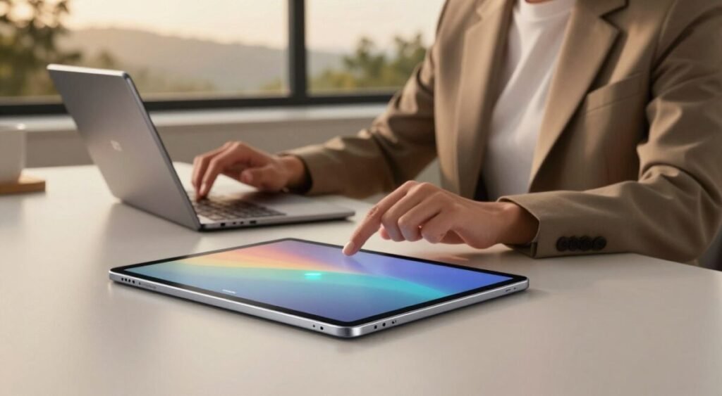 A modern tablet, the Galaxy Tab S9 FE, prominently displayed in a sleek, minimalistic workspace. The foreground features the tablet with a long-lasting battery indicator glowing subtly, symbolizing endurance. In the middle ground, a stylish, professional individual, dressed in smart casual attire, is comfortably engaging with the device, highlighting its user-friendly interface. The background showcases a softly lit office environment with a view of a serene nature scene through a window, enhancing the atmosphere of tranquility and productivity. The lighting is warm and inviting, creating a sense of focus and efficiency. Capture this scene from a slightly elevated angle to emphasize the tablet's sleek design and the individual's engagement with the device, evoking a sense of modern technology seamlessly integrated into daily life.