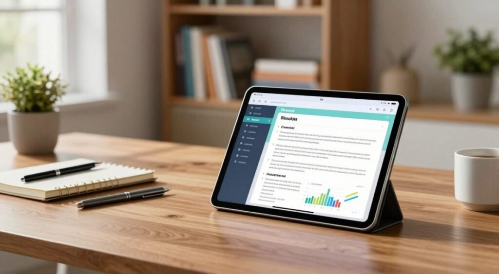 A modern workspace featuring a sleek Xiaomi tablet on a polished wooden desk. In the foreground, the tablet displays a colorful study interface with digital notes and graphs. Surrounding the tablet are stylish stationery items: a notebook, pens, and a coffee cup, adding to the productivity theme. In the middle ground, a well-organized office environment with a blurred background of bookshelves lined with study materials and plants to create a fresh, inviting atmosphere. The lighting is soft, emanating from a nearby window, casting gentle shadows to evoke a calm yet focused mood. A close-up angle emphasizes the tablet's design and functionality, showcasing it as the perfect tool for studying and work.