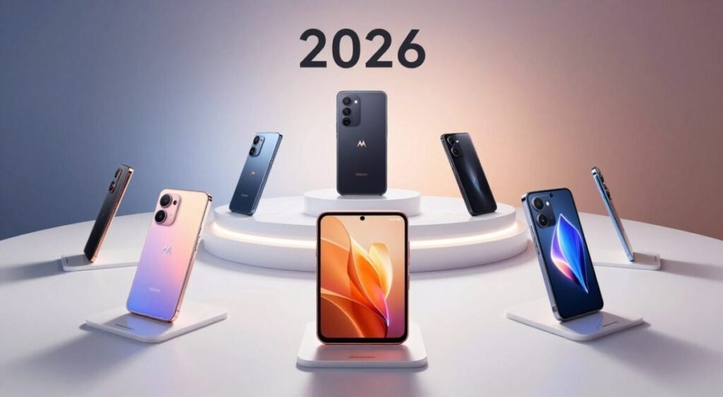 A panoramic view of the Motorola smartphone lineup for 2026, showcasing the distinct series: Moto G, Edge, and Razr. In the foreground, feature a trio of sleek, modern smartphones, each representing its series with vibrant colors and distinctive design elements. The middle ground should highlight an elegant display stand with more devices from each series, set against a stylish backdrop that incorporates subtle branding. In the background, include soft gradation lighting to enhance the futuristic feel, casting gentle shadows for depth. The atmosphere should convey innovation and sophistication, inviting viewers to explore the Motorola line. Use a wide-angle lens effect to capture the entire scene, ensuring clarity and vivid details.