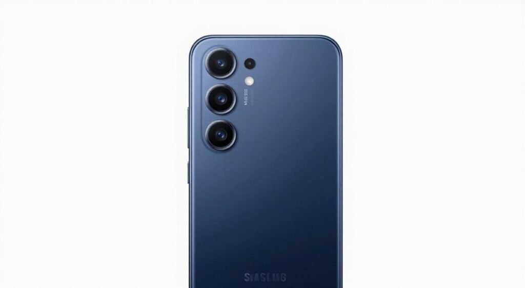 A professional studio photograph of a Samsung Galaxy M53 5G smartphone in Deep Blue color, showing its slim profile and quad-camera setup on the back, clean white background, 8k resolution, realistic lighting.