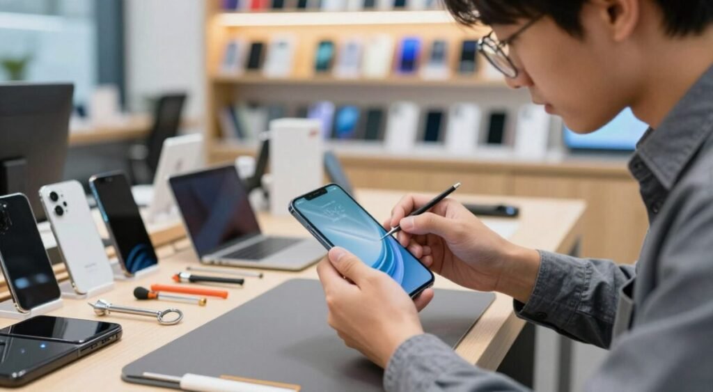A professional technician working on a sleek, modern smartphone in a well-lit, organized workshop. The foreground features a close-up of the technician's hands delicately examining the device, highlighting precision and attention to detail. In the middle ground, various tools and tech gadgets are neatly arranged, showcasing a sense of craftsmanship. The background shows a blurred view of a vibrant, high-tech environment with shelves filled with smartphone accessories. Soft, warm lighting enhances a sense of reliability and trust. The atmosphere conveys professionalism, with the technician dressed in smart casual attire, underlining the theme of support and quality service that emerging mobile brands need to showcase.