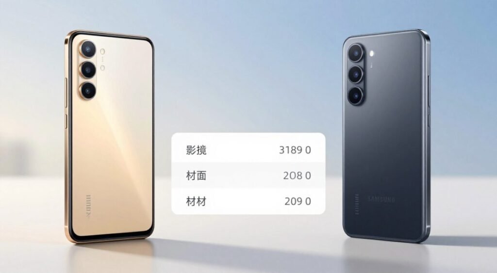 A side-by-side comparison of the Xiaomi and Samsung smartphones, showcasing their sleek and modern designs. In the foreground, feature the Xiaomi phone on the left, with a glass back and rounded edges, reflecting light warmly, while the Samsung phone on the right boasts a flat design with subtle metallic accents. In the middle, display a table that highlights the differences in materials and finishes, like matte versus glossy. The background should be a soft, blurred gradient of blue and white, creating a clean, professional atmosphere. Use soft natural lighting to enhance the premium feel, and capture the scene from a slightly elevated angle to give depth to both devices, creating a sense of sophistication and innovation.