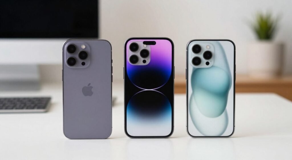A side-by-side comparison of the iPhone 13, iPhone 14, and iPhone 15, showcasing their distinct designs and features. The foreground displays the three models arranged in a sleek, modern style, with the iPhone 13 on the left, iPhone 14 in the center, and iPhone 15 on the right, each highlighted with subtle reflections to emphasize their premium finishes. The middle ground features a soft-focus background of a minimalist workspace, accented with soft natural lighting that highlights the devices. Capture the mood of innovation and sophistication, using a slightly elevated angle to provide a clear view of each phone's design elements such as camera placement and color variants. The overall atmosphere should feel modern, clean, and inviting.