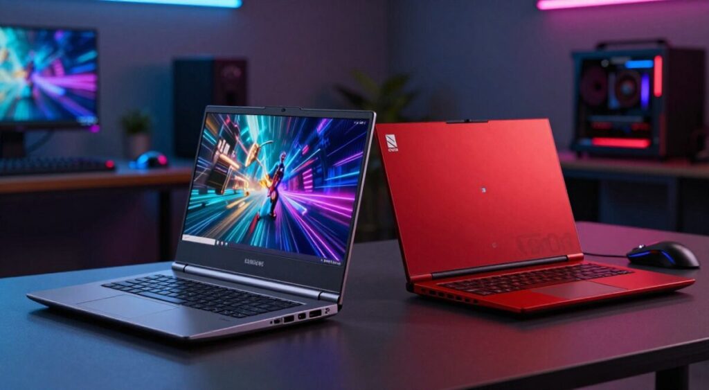 A side-by-side comparison of two high-performance gaming laptops: a sleek Samsung model with a futuristic design in dark silver and a powerful Lenovo gaming laptop with a bold red and black aesthetic. The foreground features the laptops angled with screens open to showcase vibrant gaming graphics. In the middle ground, there are subtle hints of a modern office setup with a stylish desk and gaming peripherals, like a mechanical keyboard and RGB mouse. The background displays a softly blurred tech-infused environment with ambient lighting that creates a dynamic, energetic atmosphere. The lighting highlights the laptops' features, emphasizing their design and color contrasts. The image is well-composed, with a focus on the laptops as the main subjects.