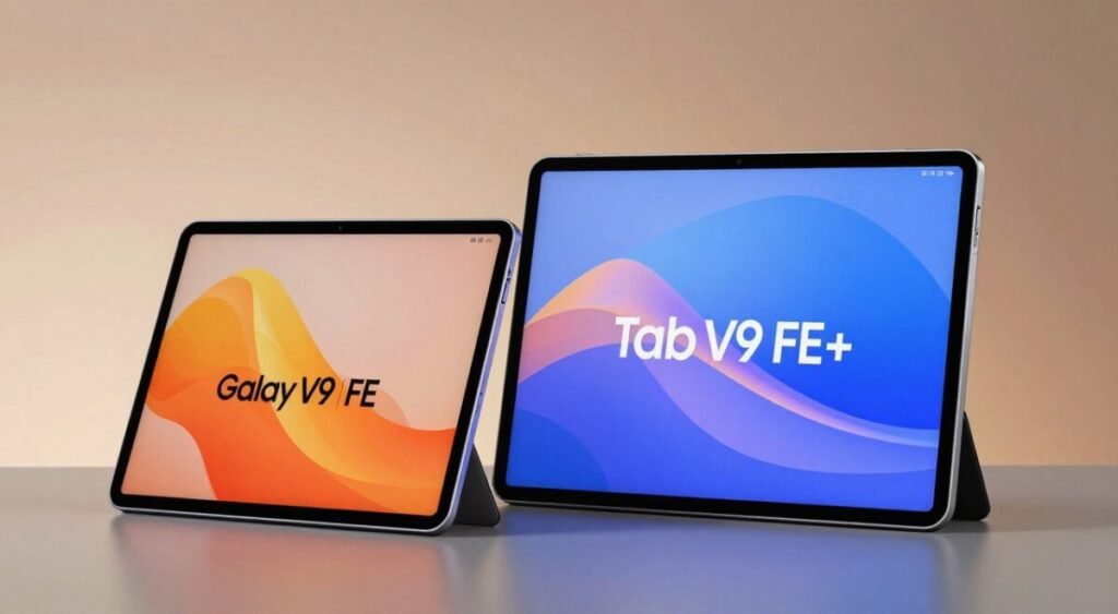 A side-by-side comparison of two tablet models, the Galaxy Tab S9 FE and Tab S9 FE+, showcasing their differing screen sizes. In the foreground, feature the tablets on a sleek, modern surface, emphasizing their sleek designs and vibrant displays. The Galaxy Tab S9 FE should be slightly smaller, while the Tab S9 FE+ appears larger and more prominent. In the middle ground, include a neutral background with a subtle gradient that complements the colors of the tablets. The lighting should be soft but bright enough to highlight the displays' details, hinting at their high-resolution capabilities. The atmosphere should convey a sense of innovation and technology, appealing to tech-savvy readers. Use a slightly tilted angle for a dynamic view, enhancing the visual comparison without overcrowding the image.