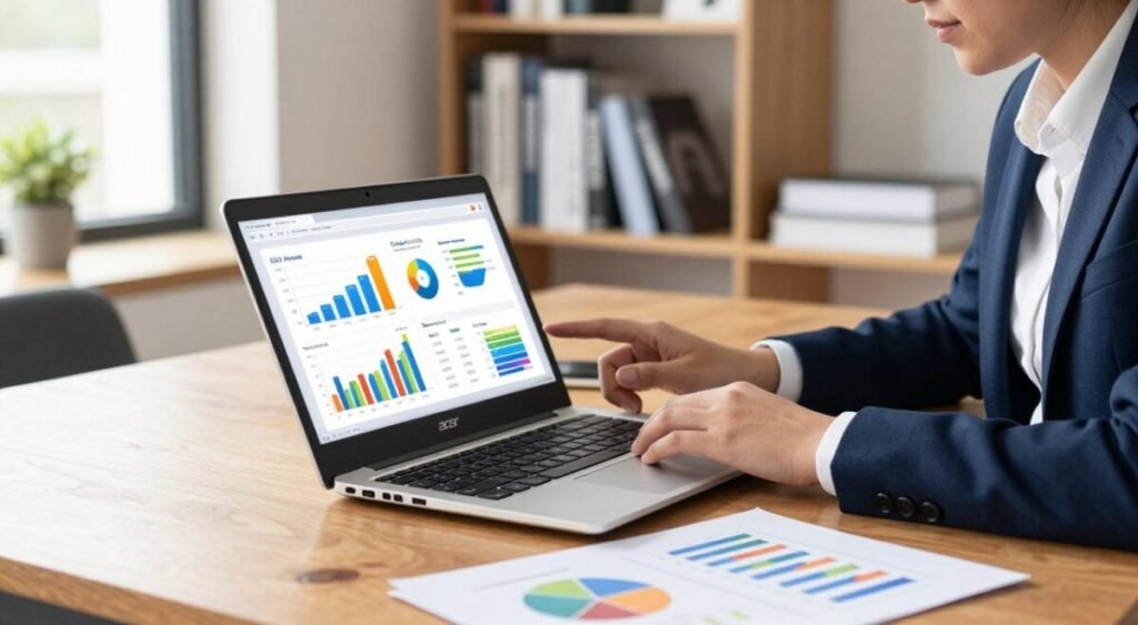A sleek Acer laptop sitting on an elegant wooden desk, surrounded by colorful charts and graphs illustrating SEO metrics and Google AdSense data. In the foreground, a professional in business attire analyzes the data on the laptop screen, with focused expression. The middle ground features a subtle, blurred bookshelf filled with tech and marketing books, hinting at knowledge and expertise. The background is softly lit, with a modern office environment, emphasizing productivity. Natural light streams through a window, creating a vibrant yet professional atmosphere. The image captures the essence of digital marketing's relevance to choosing the right notebook, conveying a sense of importance and diligence in decision-making.