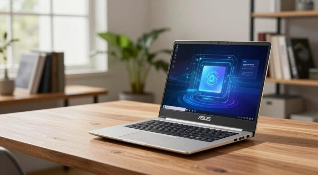 A sleek Asus VivoBook laptop showcasing innovation and excellence, positioned prominently in the foreground on a stylish wooden desk. The laptop's screen displays a vibrant, futuristic interface, radiating cutting-edge technology. In the middle ground, subtle hints of a modern office environment are visible, with a blurred bookshelf filled with tech-related books and a potted plant adding a touch of nature. Soft, natural morning light filters through a nearby window, creating a warm, inviting atmosphere. The angle is slightly elevated, capturing the laptop's elegant design and intricate details, such as its thin bezels and unique keyboard layout. This composition evokes a sense of creativity and productivity, reflecting the allure of Asus notebooks. A sleek Asus VivoBook laptop showcasing innovation and excellence, positioned prominently in the foreground on a stylish wooden desk. The laptop's screen displays a vibrant, futuristic interface, radiating cutting-edge technology. In the middle ground, subtle hints of a modern office environment are visible, with a blurred bookshelf filled with tech-related books and a potted plant adding a touch of nature. Soft, natural morning light filters through a nearby window, creating a warm, inviting atmosphere. The angle is slightly elevated, capturing the laptop's elegant design and intricate details, such as its thin bezels and unique keyboard layout. This composition evokes a sense of creativity and productivity, reflecting the allure of Asus notebooks.