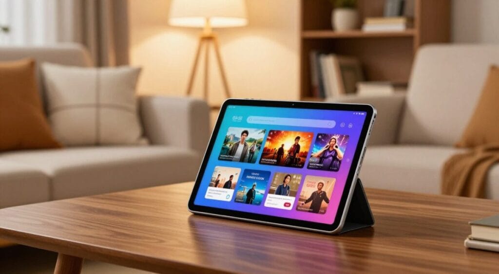 A sleek Galaxy Tab A tablet prominently displayed in the foreground, showcasing its vibrant screen filled with colorful entertainment apps and a vivid movie playing. The device is positioned on a modern wooden table, surrounded by a cozy living room setting that features a comfy sofa and decorative cushions in soft lighting. In the middle ground, there’s a stylish lamp casting warm light, enhancing the inviting atmosphere. The background shows a softly blurred bookshelf filled with books and decorative items, conveying a sense of leisure and learning. The image should evoke a relaxed yet engaging mood, ideal for entertainment and basic tasks. Capture this from a slightly elevated angle to emphasize the tablet's design and functionality, with soft shadows providing depth.