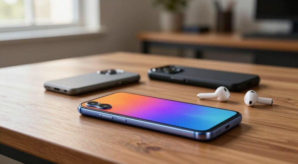 A sleek Redmi Note smartphone lies on a polished wooden desk, highlighting its modern design and vibrant display. In the foreground, the phone is angled slightly to showcase its camera and sleek edges, glinting softly in the warm, natural light filtering through a nearby window. In the middle, a few accessories like a stylish phone case and a pair of wireless earbuds are subtly arranged to enhance the composition without overwhelming it. The background features a soft-focus home office environment with muted colors, creating a professional yet inviting atmosphere. The overall mood is one of sophistication and practicality, catering to tech enthusiasts and everyday users alike, capturing the essence of the Redmi Note's versatility for different profiles of use. A sleek Redmi Note smartphone lies on a polished wooden desk, highlighting its modern design and vibrant display. In the foreground, the phone is angled slightly to showcase its camera and sleek edges, glinting softly in the warm, natural light filtering through a nearby window. In the middle, a few accessories like a stylish phone case and a pair of wireless earbuds are subtly arranged to enhance the composition without overwhelming it. The background features a soft-focus home office environment with muted colors, creating a professional yet inviting atmosphere. The overall mood is one of sophistication and practicality, catering to tech enthusiasts and everyday users alike, capturing the essence of the Redmi Note's versatility for different profiles of use.