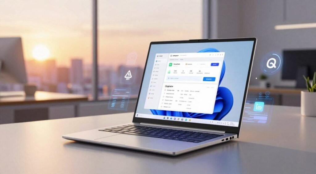 A sleek Samsung Galaxy Book4 laptop sits prominently in the foreground, its modern design showcasing a high-resolution display. The screen features vibrant graphics and AI-driven applications, emphasizing innovative technology. Surrounding the laptop, elements representing the AI and Copilot+ functionalities, such as digital interfaces, floating icons, and abstract data streams, create a dynamic atmosphere. In the middle ground, a subtle, office-like environment hints at productivity, with soft-focus elements like a stylish desk and minimalistic decor. The background depicts a futuristic cityscape bathed in a warm sunset glow, lending an inspirational mood. The lighting is soft and ambient, creating an inviting and professional feel. Use a slightly elevated angle to highlight the laptop and its features, ensuring no text or logos are visible.