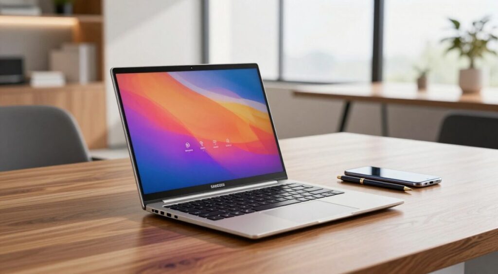 A sleek Samsung Galaxy Book4 notebook displayed prominently in the foreground, showcasing its elegant design and slim profile. The laptop is open, revealing a vivid, high-resolution screen with dynamic colors, emphasizing its connectivity options with icons for USB, HDMI, and Wi-Fi visible. In the middle ground, a stylish modern workspace is arranged, featuring a polished wooden desk with a smartphone and a stylish pen beside the notebook, conveying a sense of productivity. The background features a softly blurred contemporary office setting with natural light streaming through large windows, creating a bright and inviting atmosphere. The lighting is warm and even, adding to the professional mood. Use a slightly angled perspective to highlight the notebook's design and connectivity features effectively.