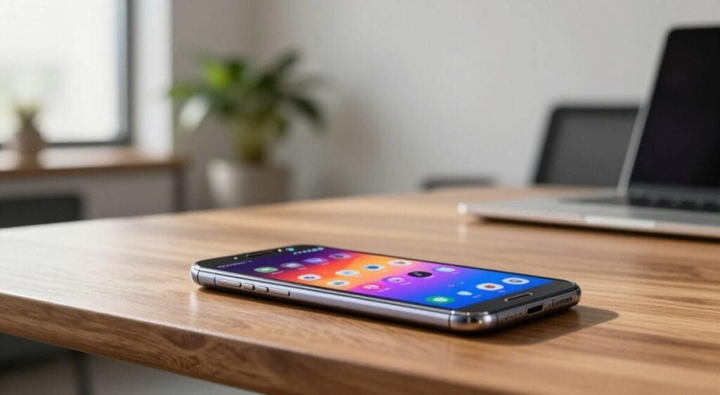 A sleek Samsung Galaxy S smartphone resting on a polished wooden table in a modern office setting. In the foreground, the phone displays a vibrant home screen with vivid colors showcasing various app icons. The middle layer features a soft-focus background of an office environment with a minimalist design, including a potted plant and a laptop, creating a contemporary atmosphere. Natural sunlight pours in from a window, casting warm, inviting light across the scene. Capture the image using a shallow depth of field, ensuring the smartphone is sharply in focus while the background remains softly blurred, emphasizing the device's elegance and innovation. The overall mood should convey sophistication and technological advancement. A sleek Samsung Galaxy S smartphone resting on a polished wooden table in a modern office setting. In the foreground, the phone displays a vibrant home screen with vivid colors showcasing various app icons. The middle layer features a soft-focus background of an office environment with a minimalist design, including a potted plant and a laptop, creating a contemporary atmosphere. Natural sunlight pours in from a window, casting warm, inviting light across the scene. Capture the image using a shallow depth of field, ensuring the smartphone is sharply in focus while the background remains softly blurred, emphasizing the device's elegance and innovation. The overall mood should convey sophistication and technological advancement.