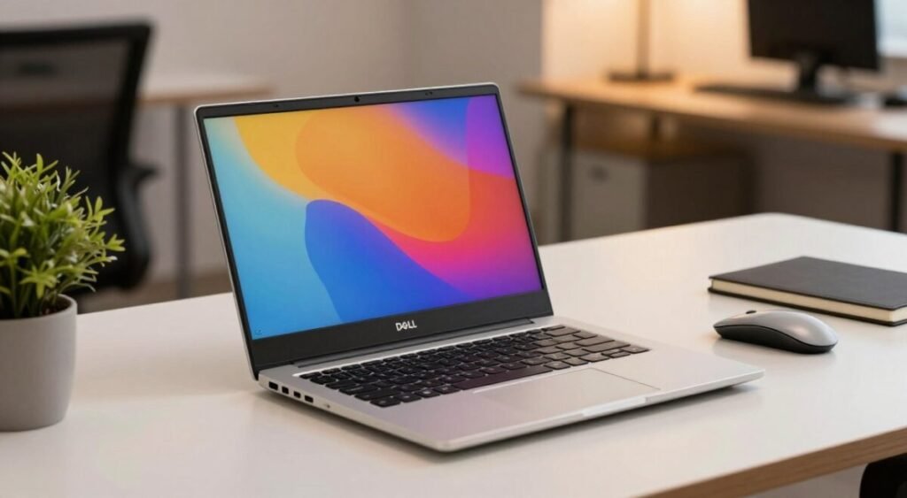 A sleek and modern Dell Inspiron laptop prominently displayed in the foreground, showcasing its elegant design and a vivid display screen with vibrant colors. The laptop is open and angled slightly to emphasize the slim profile and impressive specifications. The middle ground features a stylish desk setup, incorporating a minimalist aesthetic with tech accessories like a wireless mouse, notebook, and a plant for a touch of greenery. In the background, a softly blurred office environment exudes professionalism, with warm lighting creating a comfortable atmosphere. The scene is shot from a slightly elevated angle, highlighting the laptop's features and inviting the viewer to appreciate the combination of functionality and style. The overall mood is one of innovation and productivity, perfect for showcasing the distinct advantages of the Dell Inspiron line.