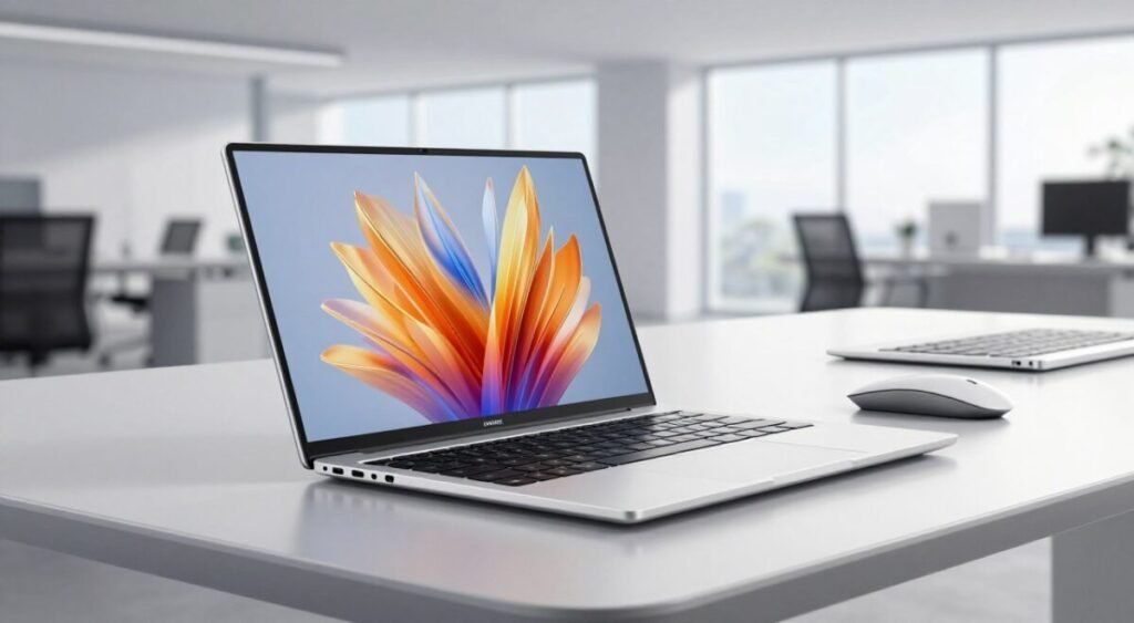 A sleek and modern Huawei MateBook Fold laptop is showcased prominently in the foreground, with the device opened to reveal its innovative foldable screen displaying vibrant colors and high-resolution graphics. The middle section features a streamlined, high-tech workspace, with a minimalistic desk setup including a stylish mouse and keyboard, emphasizing the advanced technology theme. In the background, a soft-focus modern office environment is visible, with large windows letting in natural light, highlighting the elegant design of the space. The image is illuminated by bright, diffused lighting to enhance the laptop's glossy surface and futuristic design. The overall atmosphere is professional and cutting-edge, reflecting the innovations and specifications expected from the Huawei notebook in 2026.
