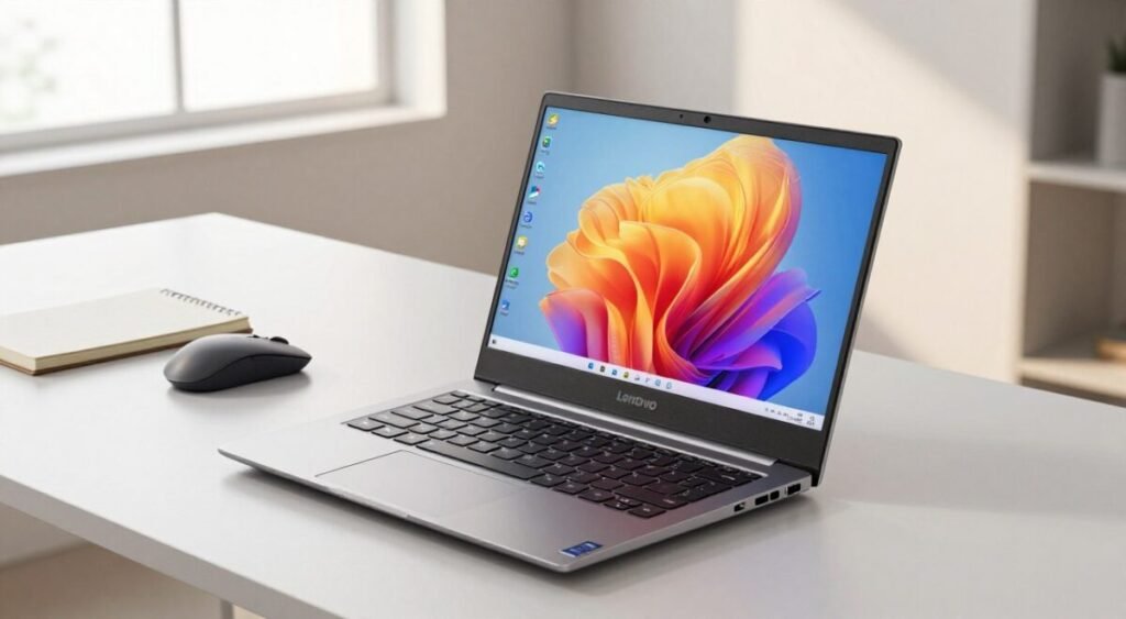 A sleek and modern Lenovo notebook set against a clean, minimalistic workspace. In the foreground, the notebook, showcasing a vivid Full HD display, is open with vibrant visuals on the screen, illustrating crisp graphics and bright colors. In the middle ground, a stylish desk with a subtle texture and a few professional accessories like a sleek mouse and a notepad can be seen. The background features natural light streaming through a large window, casting soft shadows and creating a warm, inviting atmosphere. The angle is slightly elevated to highlight the laptop's design and screen quality, emphasizing both functionality and elegance. The overall mood is focused and professional, ideal for a technology-oriented discussion.