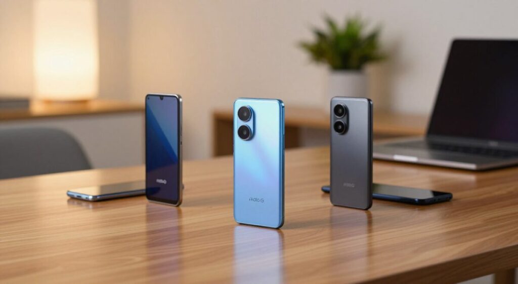 A sleek and modern setting showcasing a comparison of recent Moto G smartphone models on a polished wooden table. In the foreground, display a trio of the latest Moto G smartphones, each from different angles to highlight their design features. The middle ground features subtle reflections of the phones on the table surface, adding depth. In the background, softly blurred elements include ambient lighting, a minimalist workspace with a laptop and potted plant, creating a tech-savvy atmosphere. Use warm, natural lighting to give a welcoming feel, and accomplish a professional, informative mood. Capture the angles at eye level to emphasize the smartphones and maintain focus solely on the products, with no text or distractions.