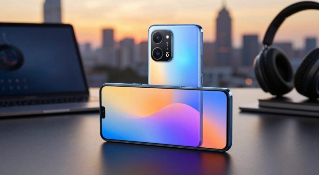 A sleek and modern smartphone, the POCO F7 Ultra 5G, is displayed prominently in the foreground, showcasing its vibrant screen and sleek design with a glossy back finish. The phone's features include a dual-lens camera setup and a captivating color palette. In the middle ground, a soft focus highlights a digital workspace with tech gadgets and accessories, including a tablet and headphones, creating a contemporary tech-friendly environment. In the background, a blurred city skyline at sunset casts warm, golden light, enhancing the smartphone's allure. The atmosphere is dynamic and aspirational, perfect for tech enthusiasts. Capture this scene with a slight angle from above, using natural light to reflect the phone's sleek lines and high-tech features, avoiding any text or branding elements.
