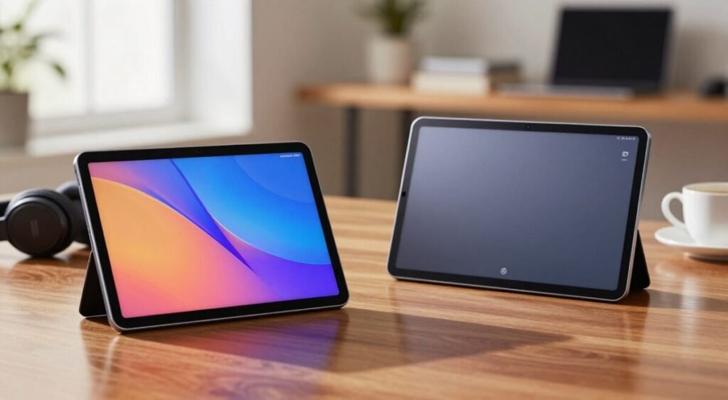 A sleek comparison image highlighting the key differences between the Samsung Galaxy Tab S and Tab A. In the foreground, two tablets, the Galaxy Tab S on the left with a vibrant display showcasing high-resolution graphics, and the Tab A on the right with a more subdued, user-friendly interface. Both tablets are displayed on a polished wooden table, emphasizing their sleek designs. The middle ground features subtle hints of everyday scenarios, like a pair of stylish headphones and a coffee cup, creating a relaxed yet tech-savvy atmosphere. The background showcases a softly blurred, modern workspace with natural light pouring in through a window, casting gentle reflections on the tablets, enhancing their appeal. The overall mood is professional and inviting, perfect for showcasing these devices' essential differences.