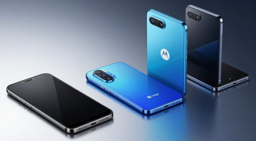 A sleek display showcasing the latest Motorola smartphones: Moto E, Moto G, Edge, and Razr, organized in a gradient of colors from black to vibrant blue. In the foreground, a close-up view of the smartphones, highlighting their distinctive designs and features like the curved edges, unique camera placements, and the iconic Motorola logo. The middle section features a smooth gradient backdrop, seamlessly blending from light to dark, suggesting a polished and modern tech environment. Soft, diffused lighting enhances the curves of the devices and creates subtle reflections on their surfaces. Capture the image from a slight top-down angle to emphasize the sleekness and innovation of these phone lines, evoking a sense of high-tech sophistication. The atmosphere should feel dynamic and forward-thinking, inspiring excitement for modern mobile technology.