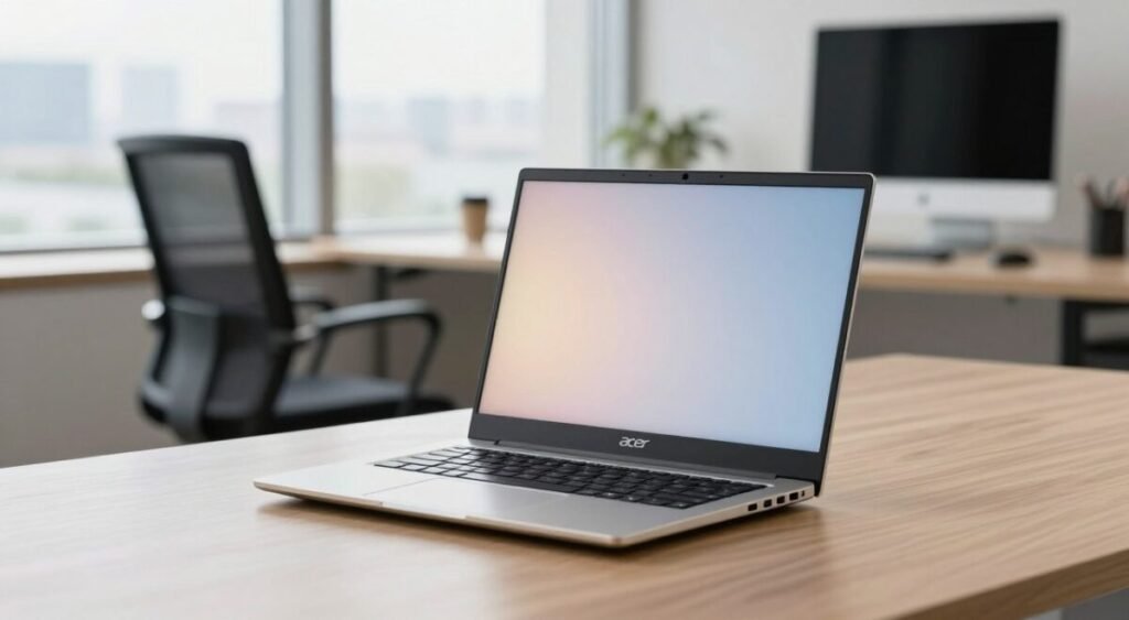 A sleek, elegant Acer Swift laptop positioned at the center of a modern workspace. The notebook features a slim metallic finish with a refined, minimalist aesthetic that reflects sophistication. The foreground includes the laptop open with a soft glow emanating from the screen, highlighting its high-resolution display and thin bezels. In the middle ground, an ergonomic office chair and a stylish desk made of light wood complement the tech-friendly ambiance. In the background, large windows let in natural light, creating a bright, airy feel. The scene conveys a sense of mobility and productivity, with a softly blurred city skyline visible outside, enhancing the atmosphere of modernity and elegance. The image is well-lit with soft focus, creating a professional and inviting mood.